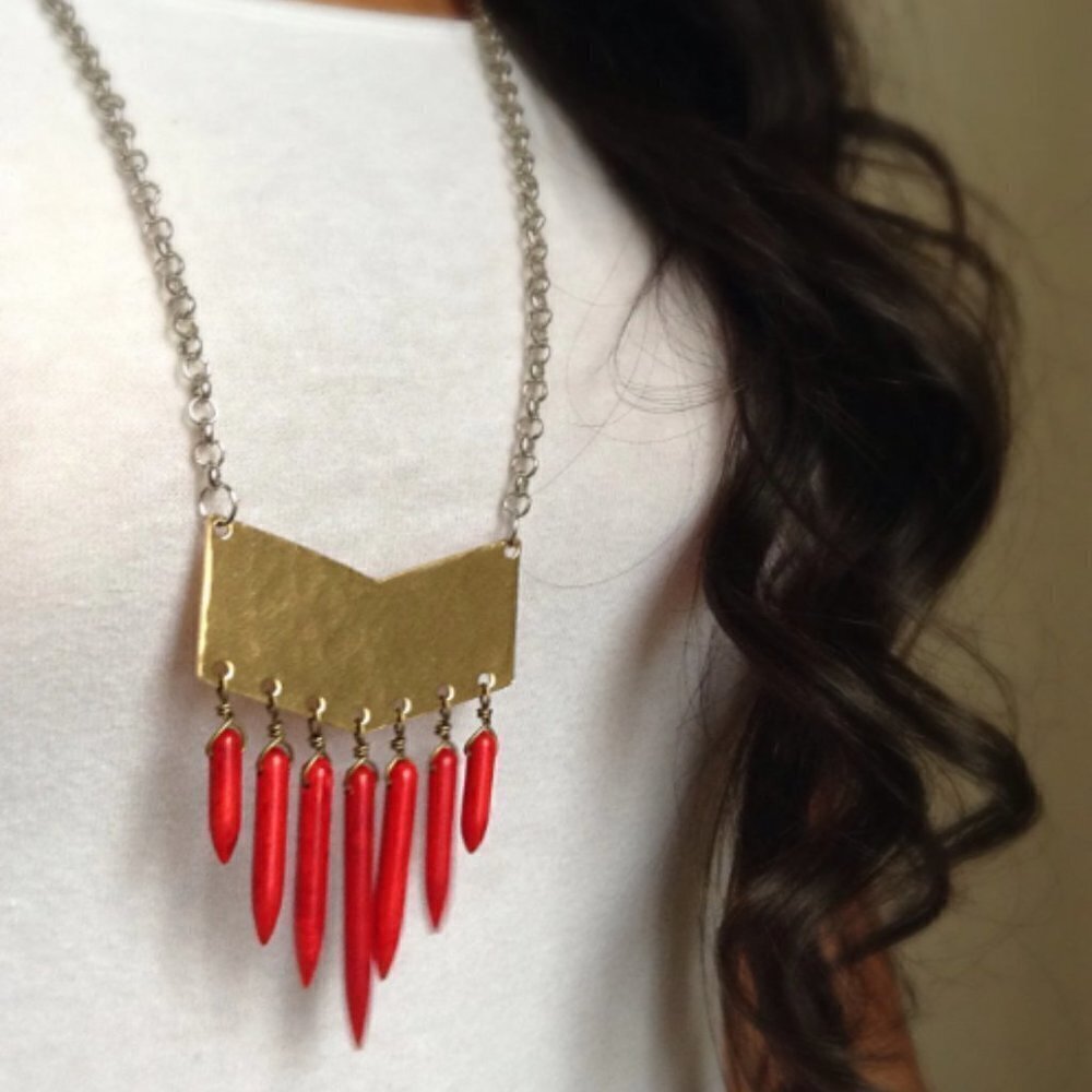 Red Spike Gold Chevron Long Pendant Necklace Handmade Boho Chic